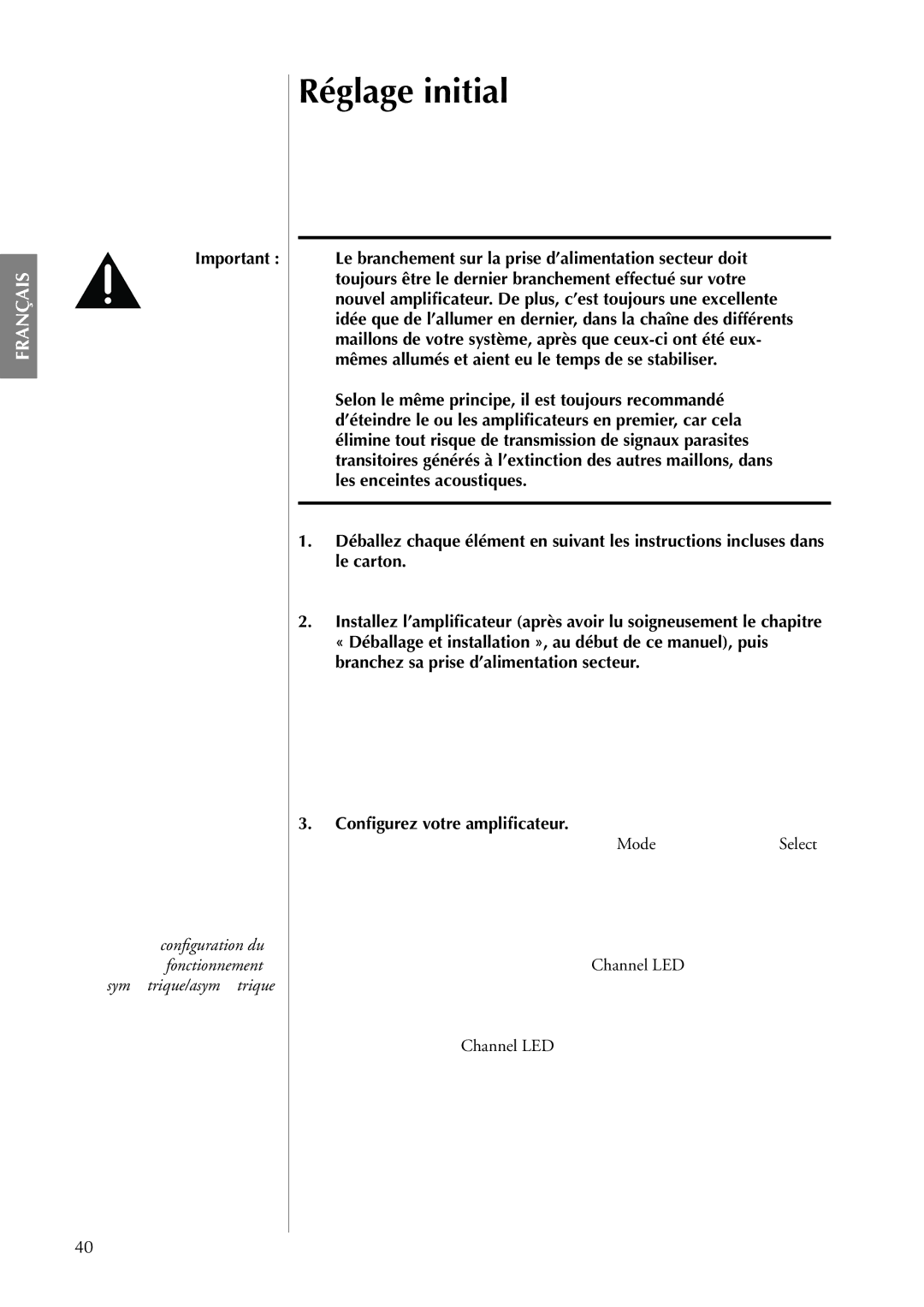 Classe Audio CA-5100 owner manual Réglage initial, Conﬁgurez votre ampliﬁcateur 