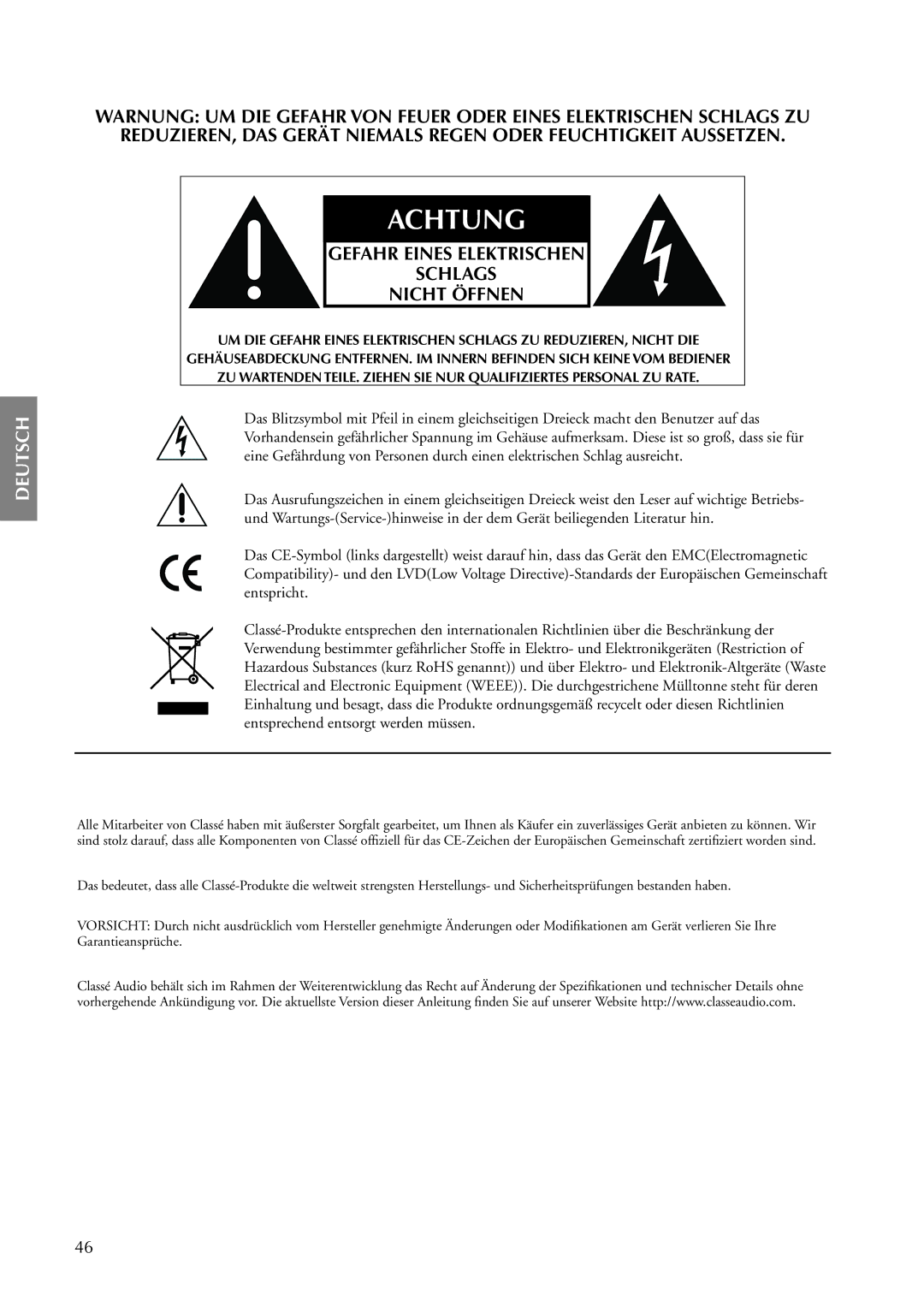 Classe Audio CA-5100 owner manual Achtung 