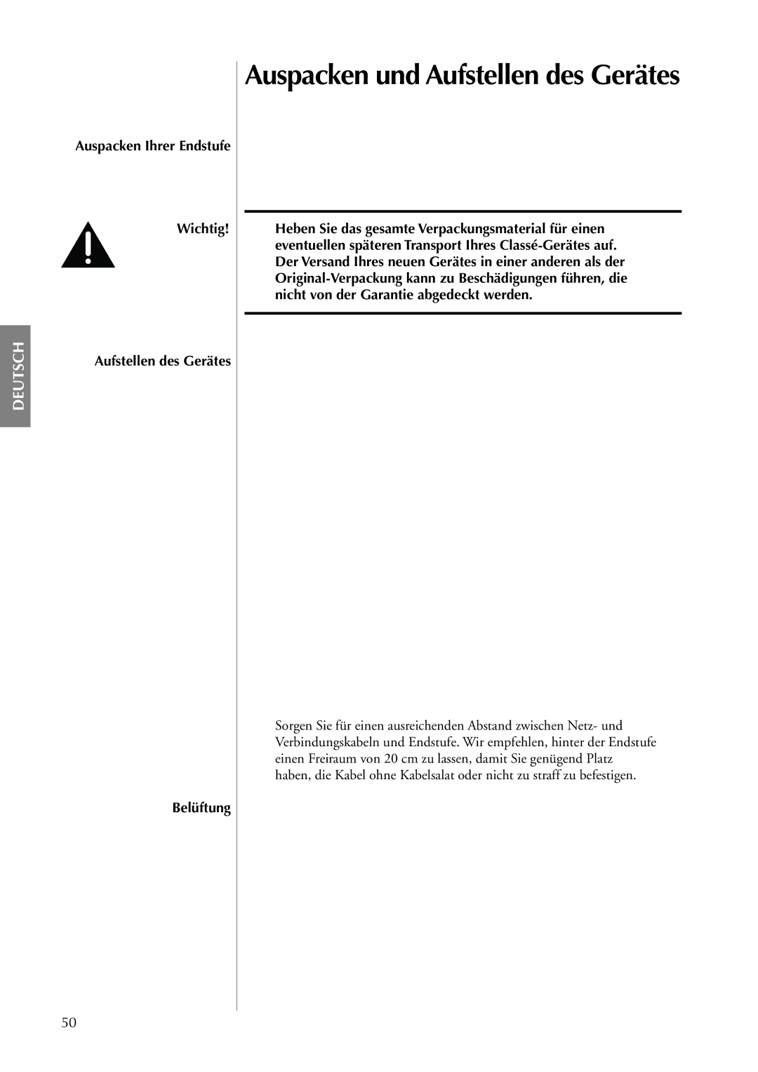 Classe Audio CA-5100 owner manual Auspacken und Aufstellen des Gerätes, Wichtig Aufstellen des Gerätes Belüftung 