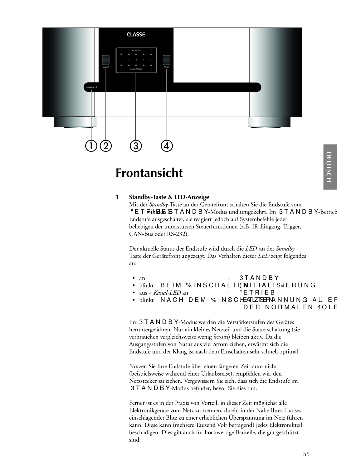 Classe Audio CA-5100 owner manual Frontansicht, Standby-Taste & LED-Anzeige, Aus + Kanal-LED an 