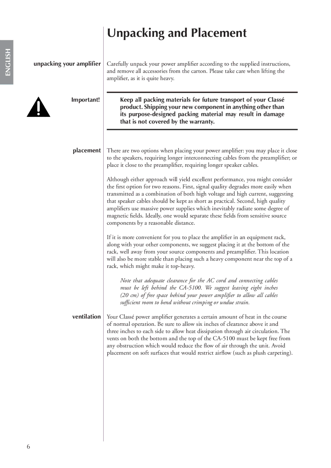 Classe Audio CA-5100 owner manual Unpacking and Placement, Unpacking your ampliﬁer Placement Ventilation 