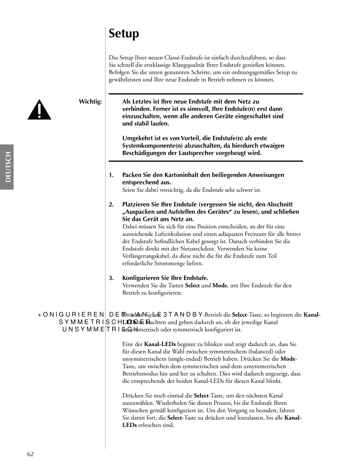 Classe Audio CA-5100 owner manual Setup, Wichtig, Seien Sie dabei vorsichtig, da die Endstufe sehr schwer ist 