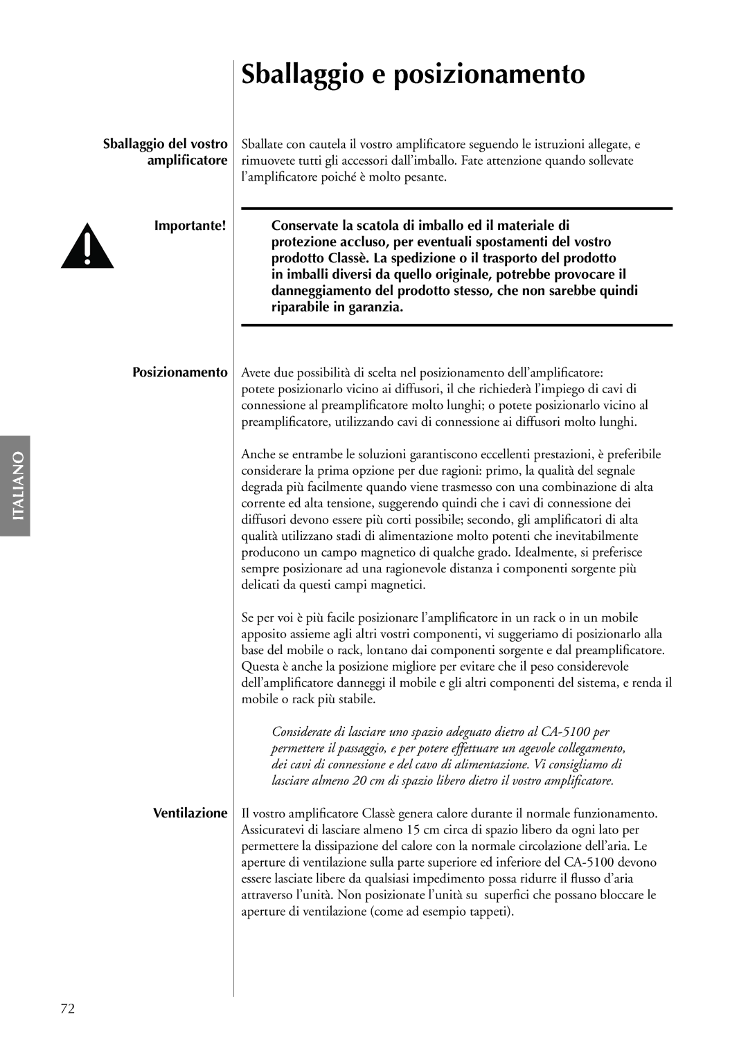 Classe Audio CA-5100 owner manual Sballaggio e posizionamento, Importante Posizionamento Ventilazione 