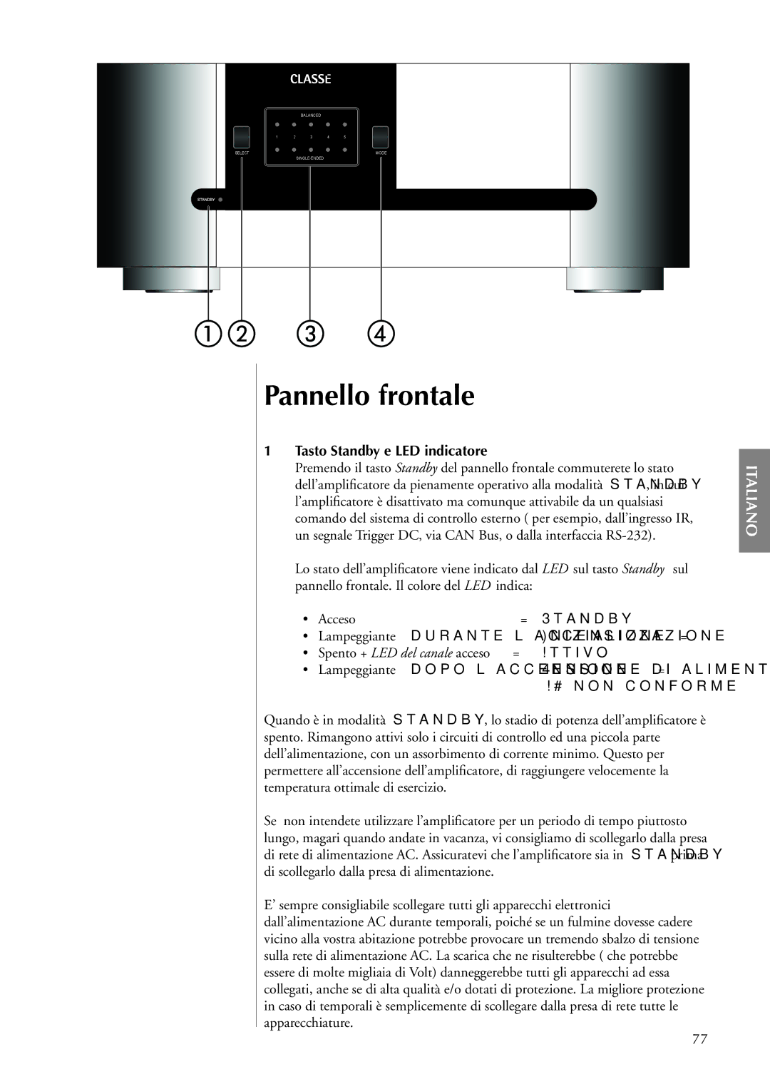 Classe Audio CA-5100 owner manual Pannello frontale, Tasto Standby e LED indicatore 