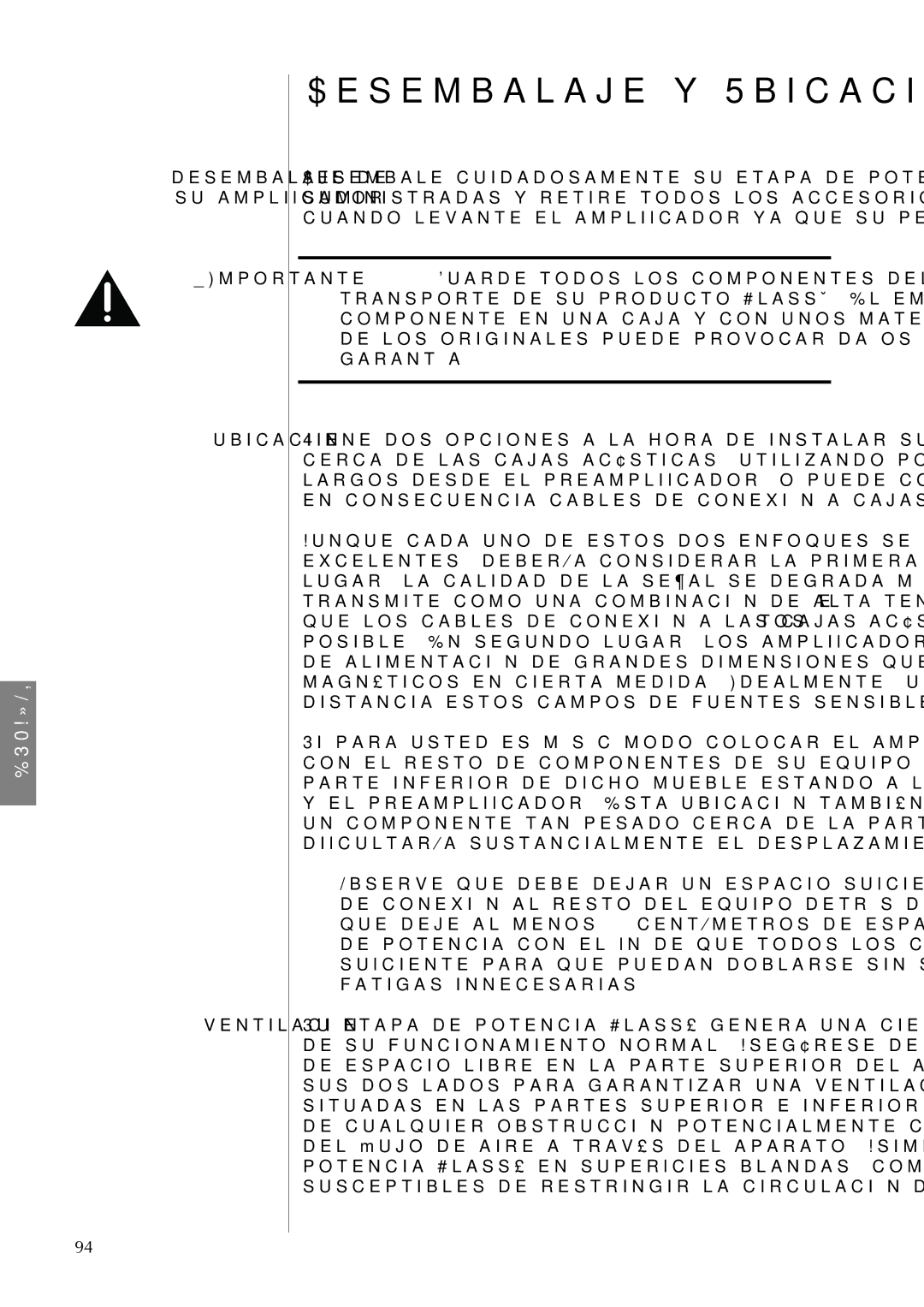 Classe Audio CA-5100 owner manual Desembalaje y Ubicación, ¡Importante Ubicación Ventilación 