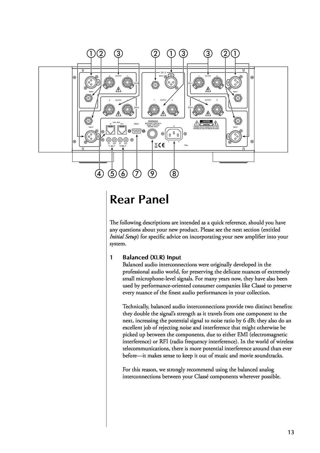 Classe Audio CA-5100 owner manual Rear Panel, 1Balanced XLR Input 