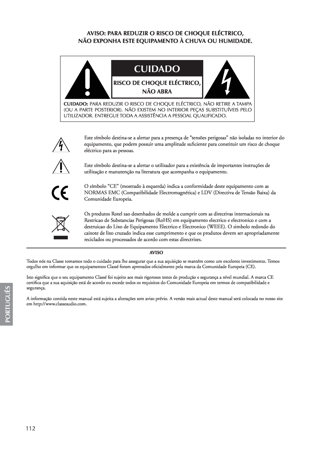 Classe Audio CA-5100 owner manual Cuidado, Português, Aviso: Para Reduzir O Risco De Choque Eléctrico 