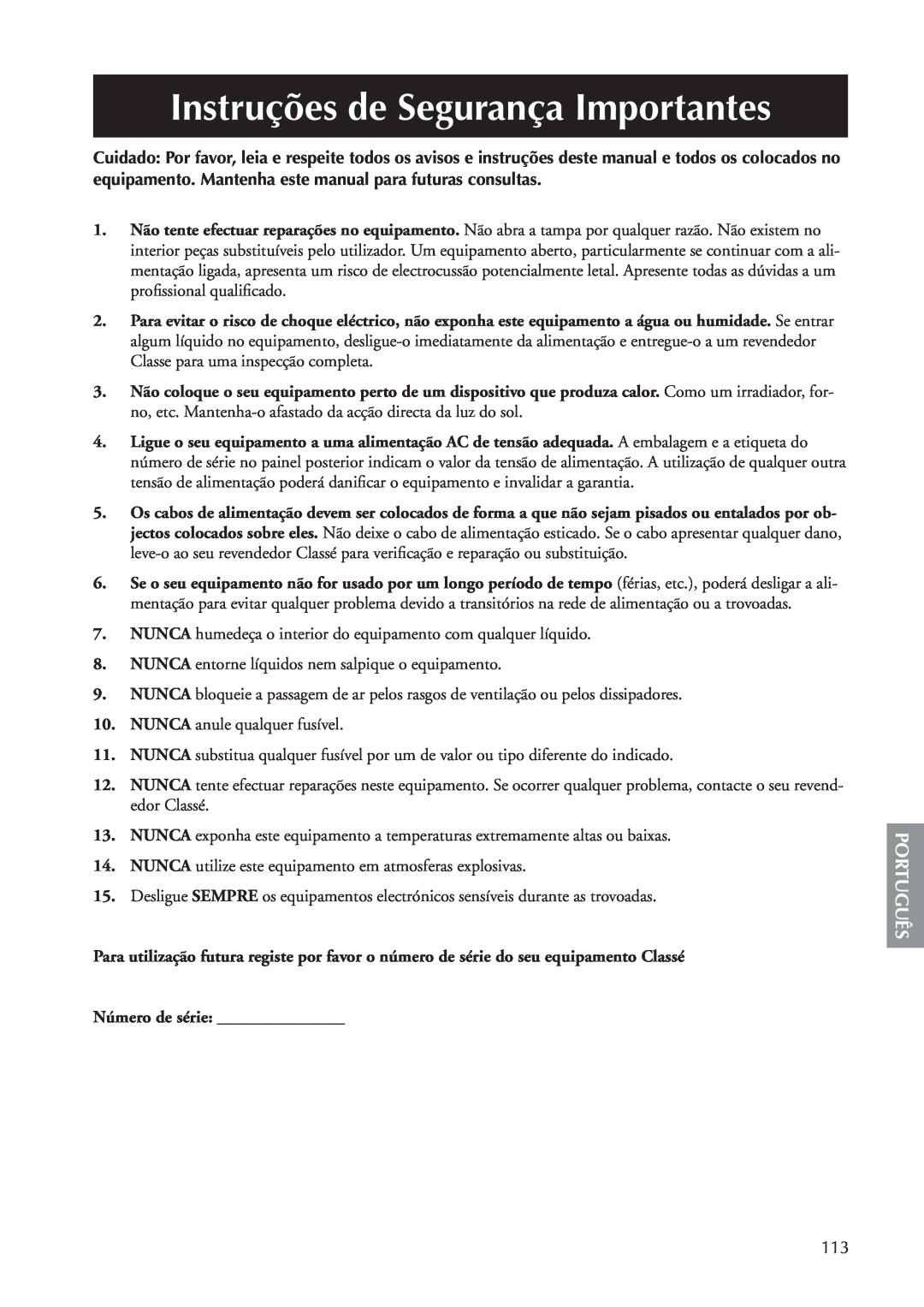 Classe Audio CA-5100 owner manual Instruções de Segurança Importantes, Português, Número de série: _______________ 