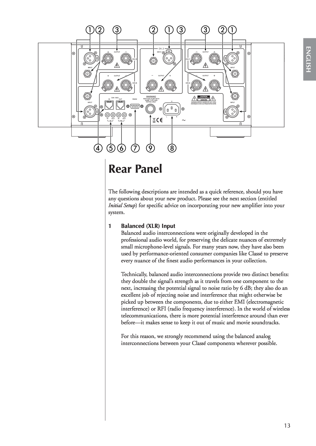 Classe Audio CA-5100 owner manual Rear Panel, English, 1Balanced XLR Input 