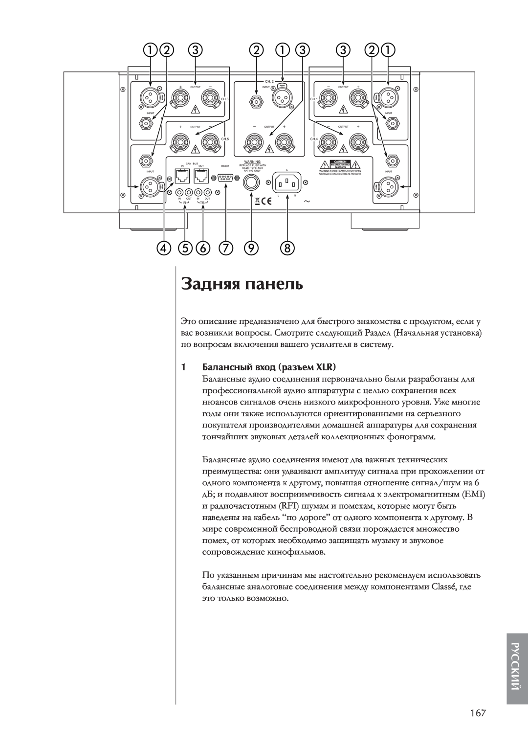 Classe Audio CA-5100 owner manual Задняя панель, Русский, 1Балансный вход разъем XLR 