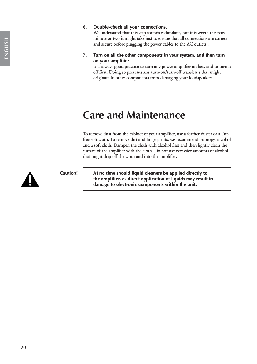 Classe Audio CA-5100 owner manual Care and Maintenance, English, Double-checkall your connections 