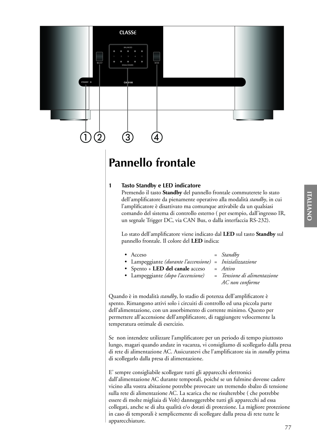 Classe Audio CA-5100 Pannello frontale, Italiano, 1Tasto Standby e LED indicatore, Attivo, AC non conforme, = Standby 