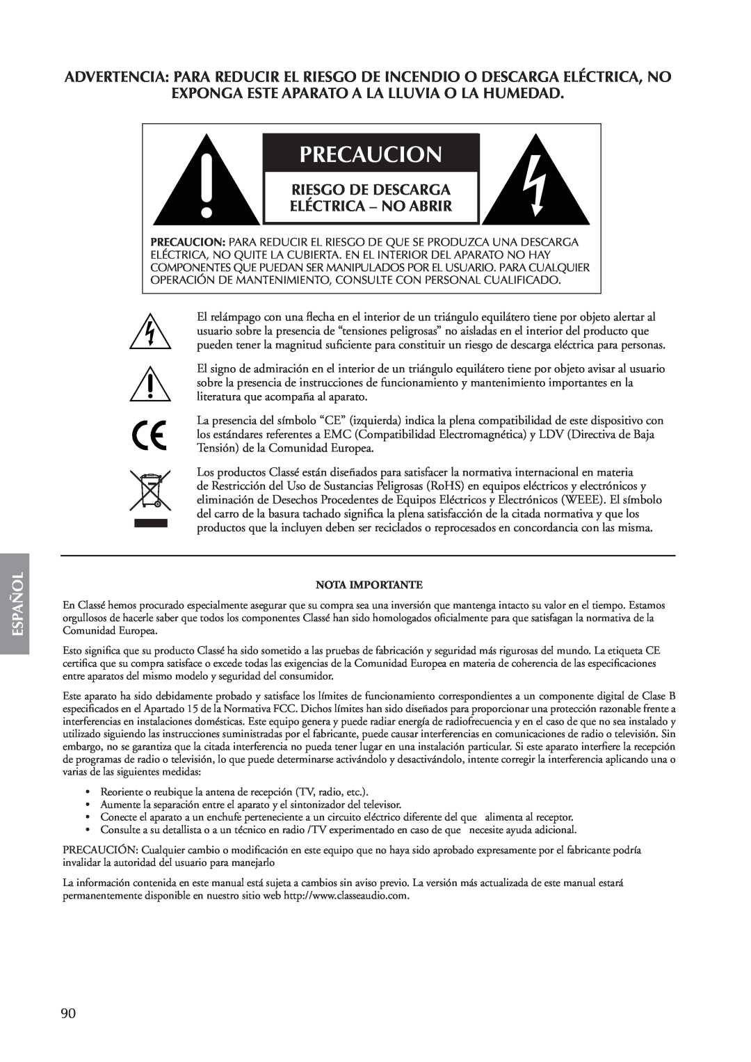 Classe Audio CA-5100 owner manual Precaucion, Español 