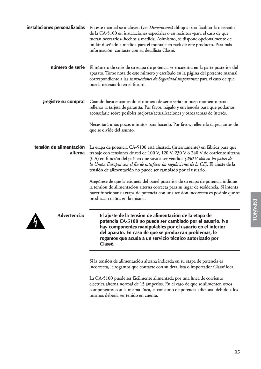 Classe Audio CA-5100 owner manual Español, número de serie ¡registre su compra, Advertencia 