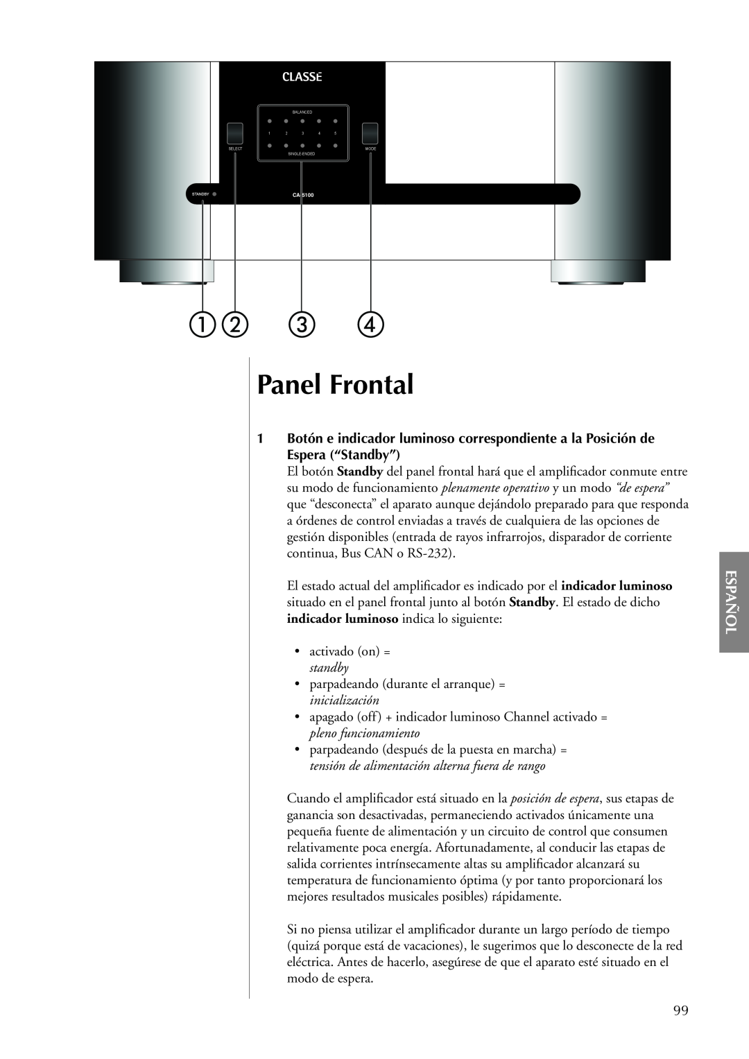 Classe Audio CA-5100 owner manual Panel Frontal, Español 