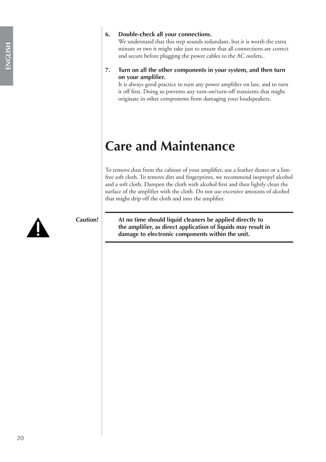 Classe Audio CA-5200 owner manual Care and Maintenance, Double-check all your connections 