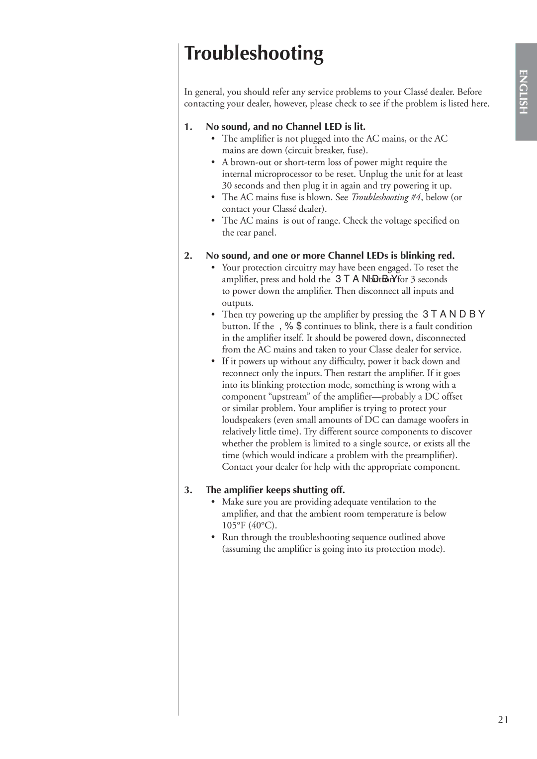 Classe Audio CA-5200 owner manual Troubleshooting, No sound, and no Channel LED is lit, Ampliﬁer keeps shutting off 