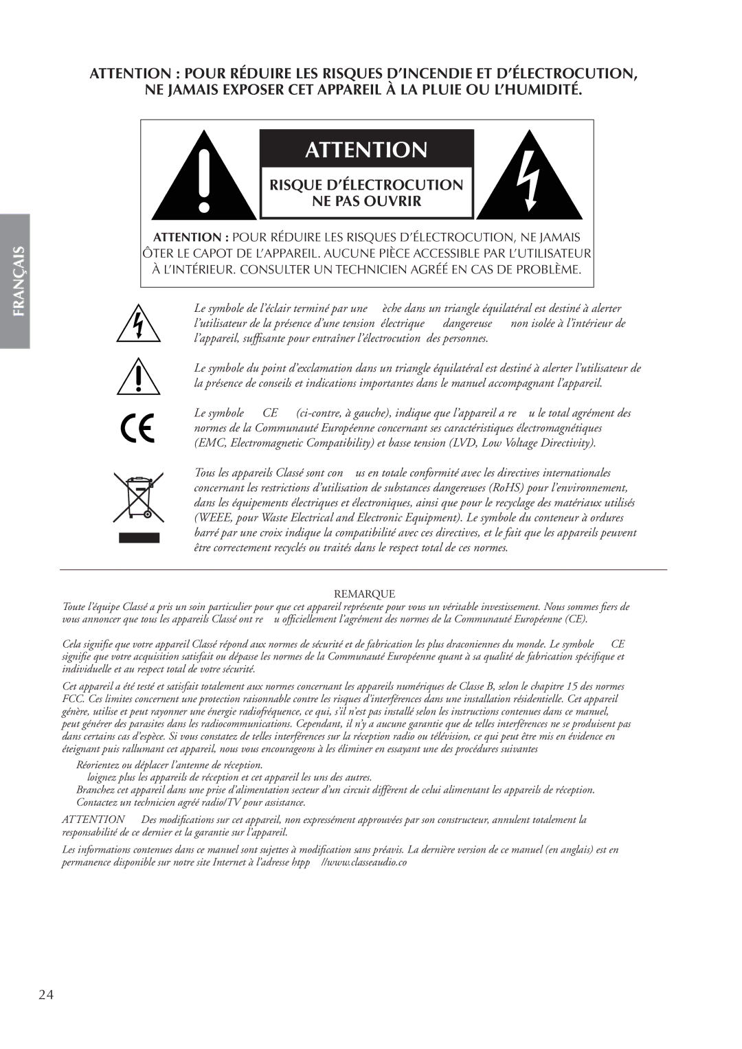 Classe Audio CA-5200 owner manual NE Jamais Exposer CET Appareil À LA Pluie OU L’HUMIDITÉ 