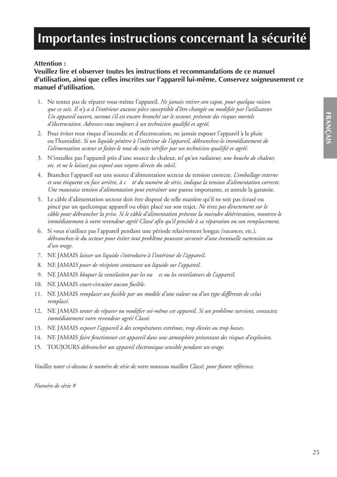 Classe Audio CA-5200 owner manual Importantes instructions concernant la sécurité 