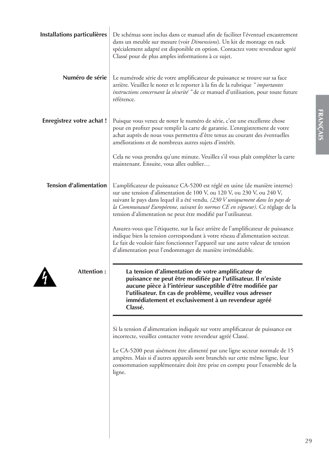 Classe Audio CA-5200 owner manual Numéro de série, Enregistrez votre achat Tension d’alimentation 