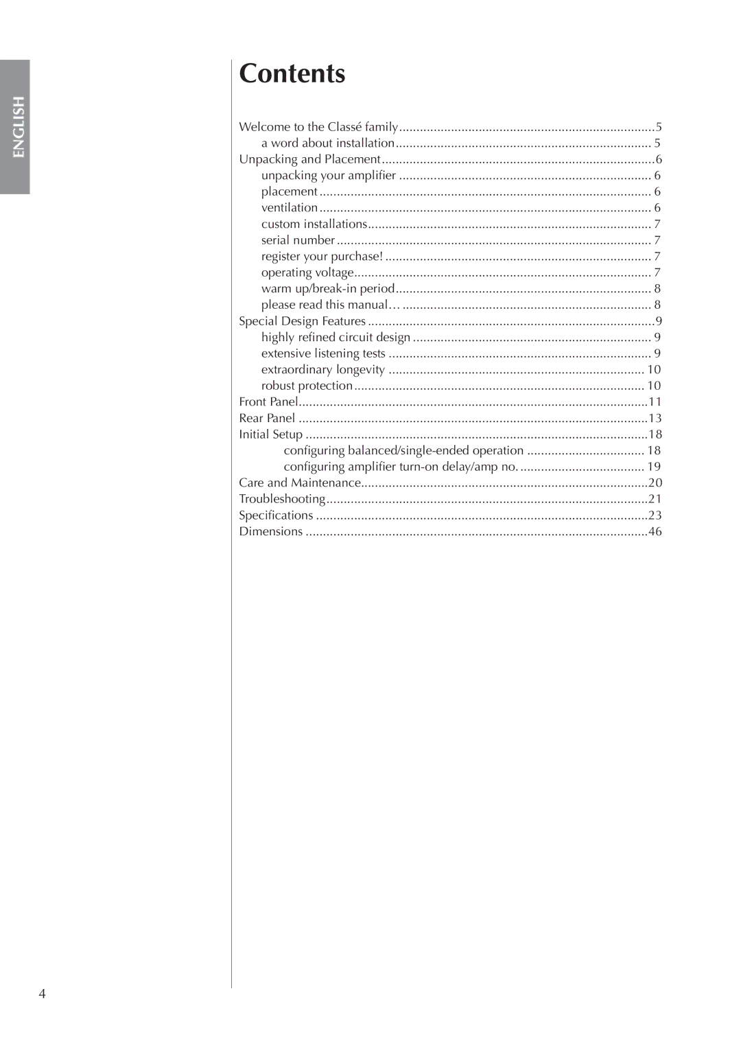 Classe Audio CA-5200 owner manual Contents 