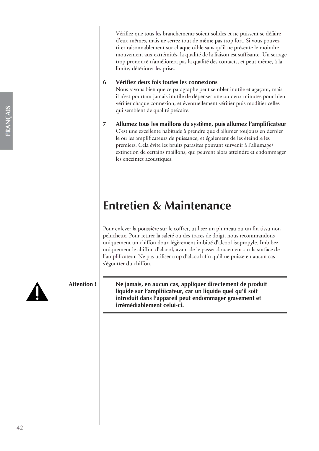 Classe Audio CA-5200 owner manual Entretien & Maintenance, Vériﬁez deux fois toutes les connexions 