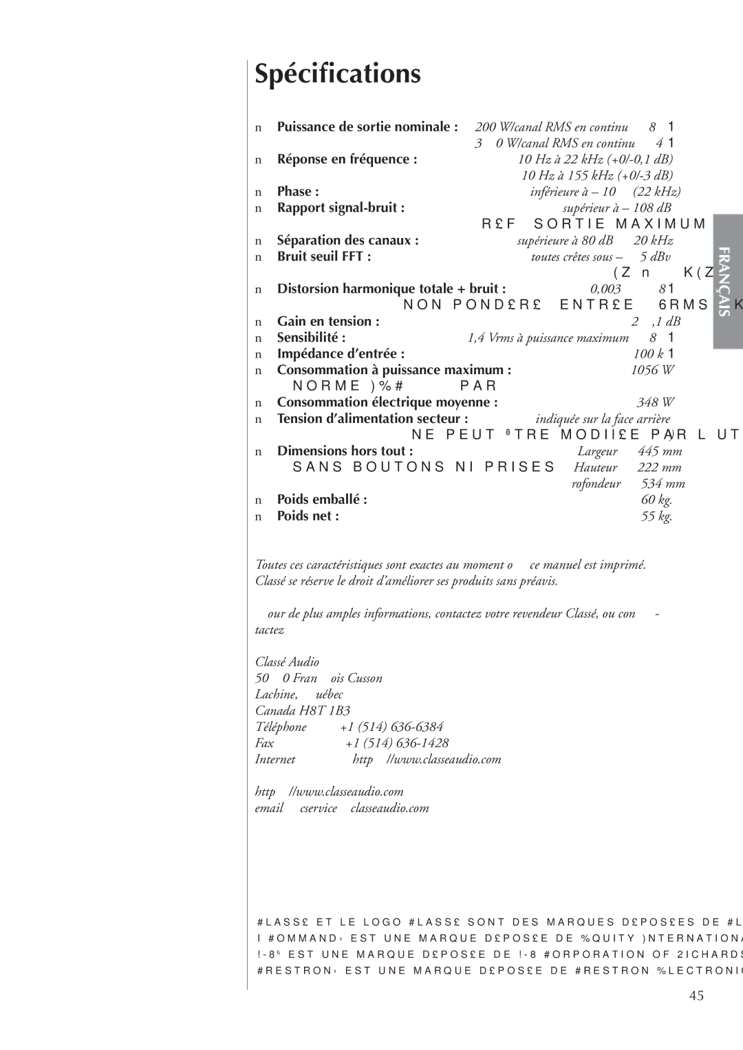 Classe Audio CA-5200 owner manual Spéciﬁcations 