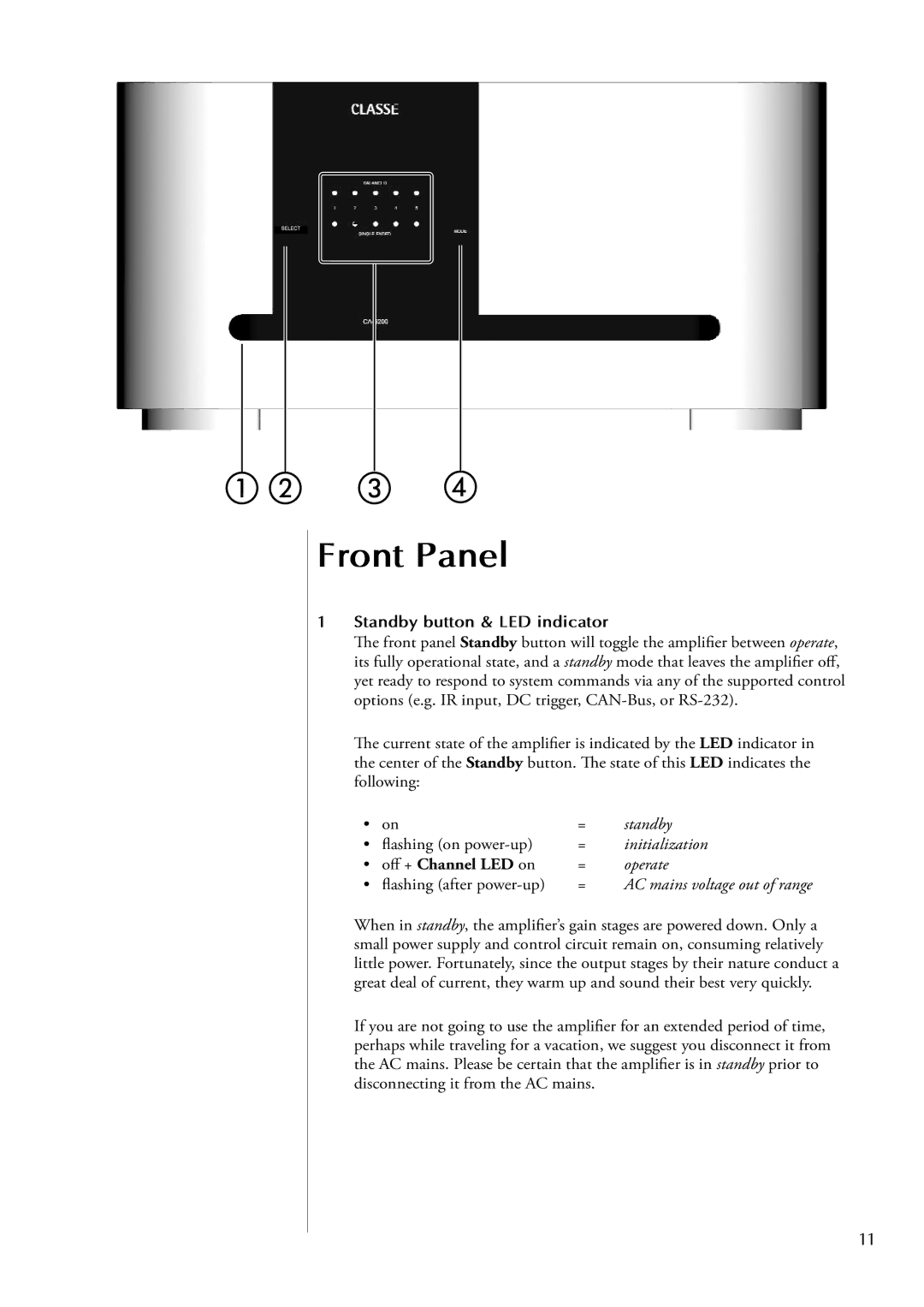 Classe Audio CA-5200 owner manual Front Panel, Standby button & LED indicator 