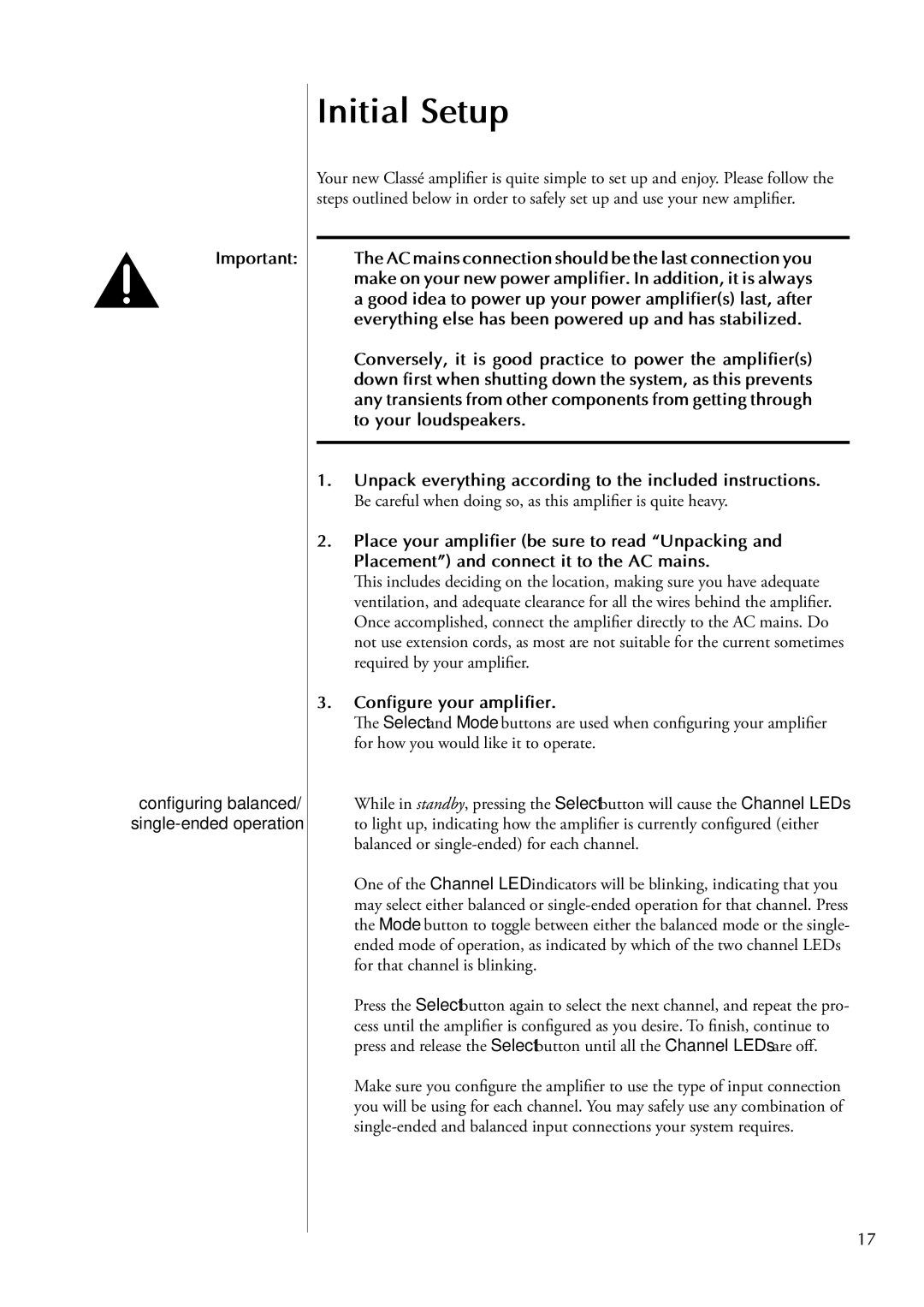 Classe Audio CA-5200 owner manual Initial Setup, Configuring balanced/ single-ended operation, Configure your amplifier 