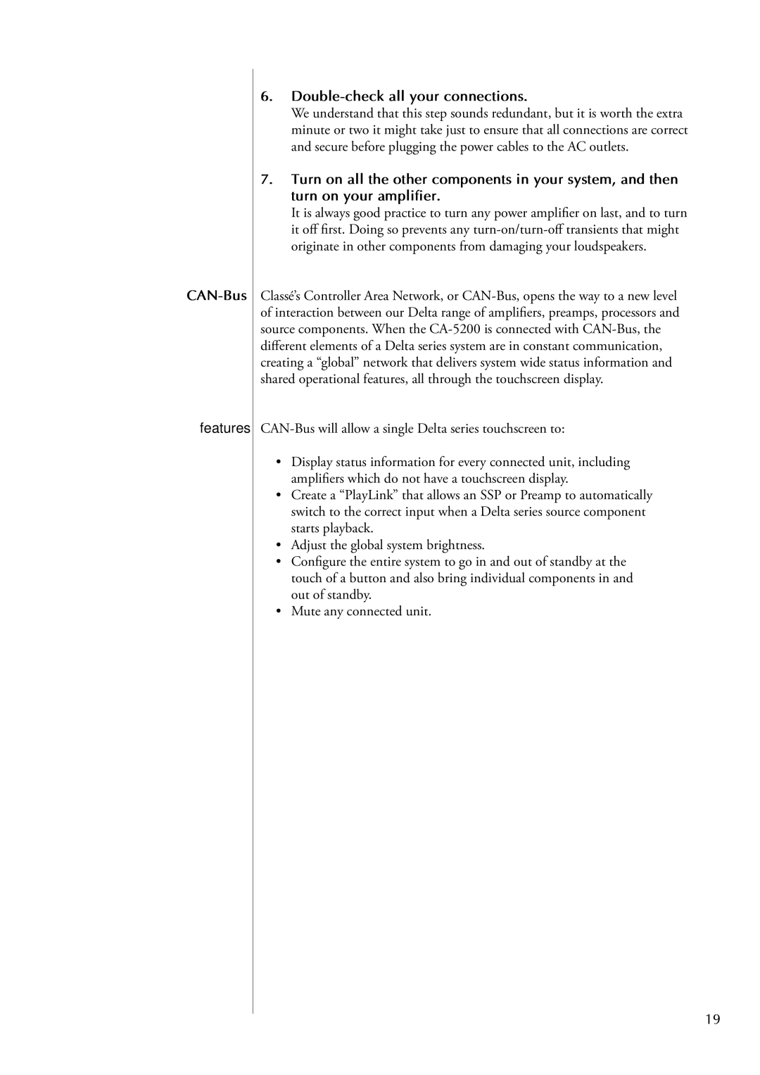 Classe Audio CA-5200 owner manual CAN-Bus, Features, Double-check all your connections 