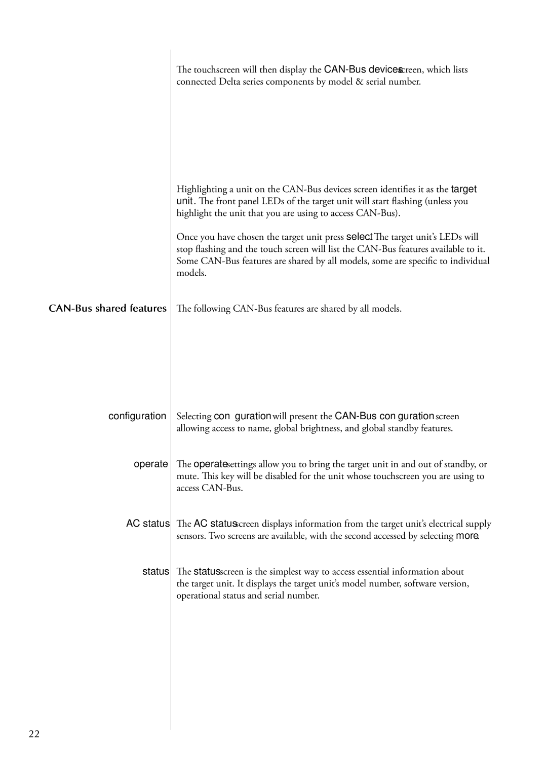 Classe Audio CA-5200 owner manual CAN-Bus shared features, Configuration Operate AC status Status 