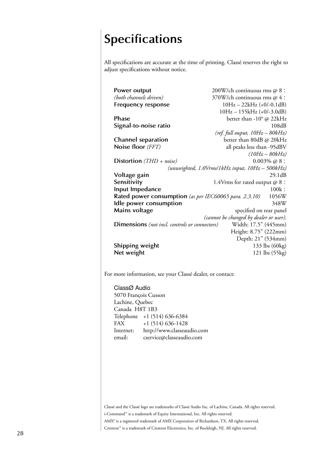 Classe Audio CA-5200 owner manual Specifications 