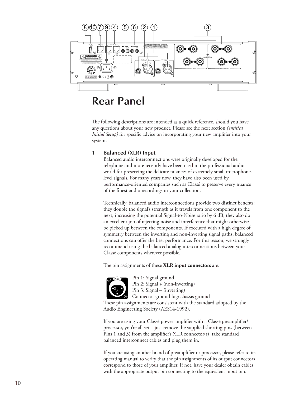 Classe Audio CA-D200 owner manual Rear Panel, Balanced XLR Input 