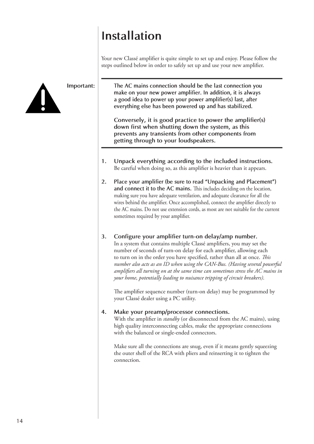 Classe Audio CA-D200 owner manual Installation, Configure your amplifier turn-on delay/amp number 