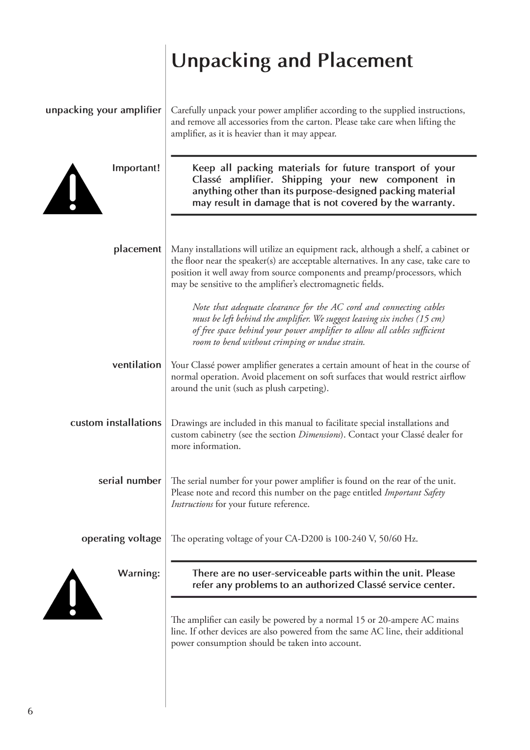 Classe Audio CA-D200 owner manual Unpacking and Placement 