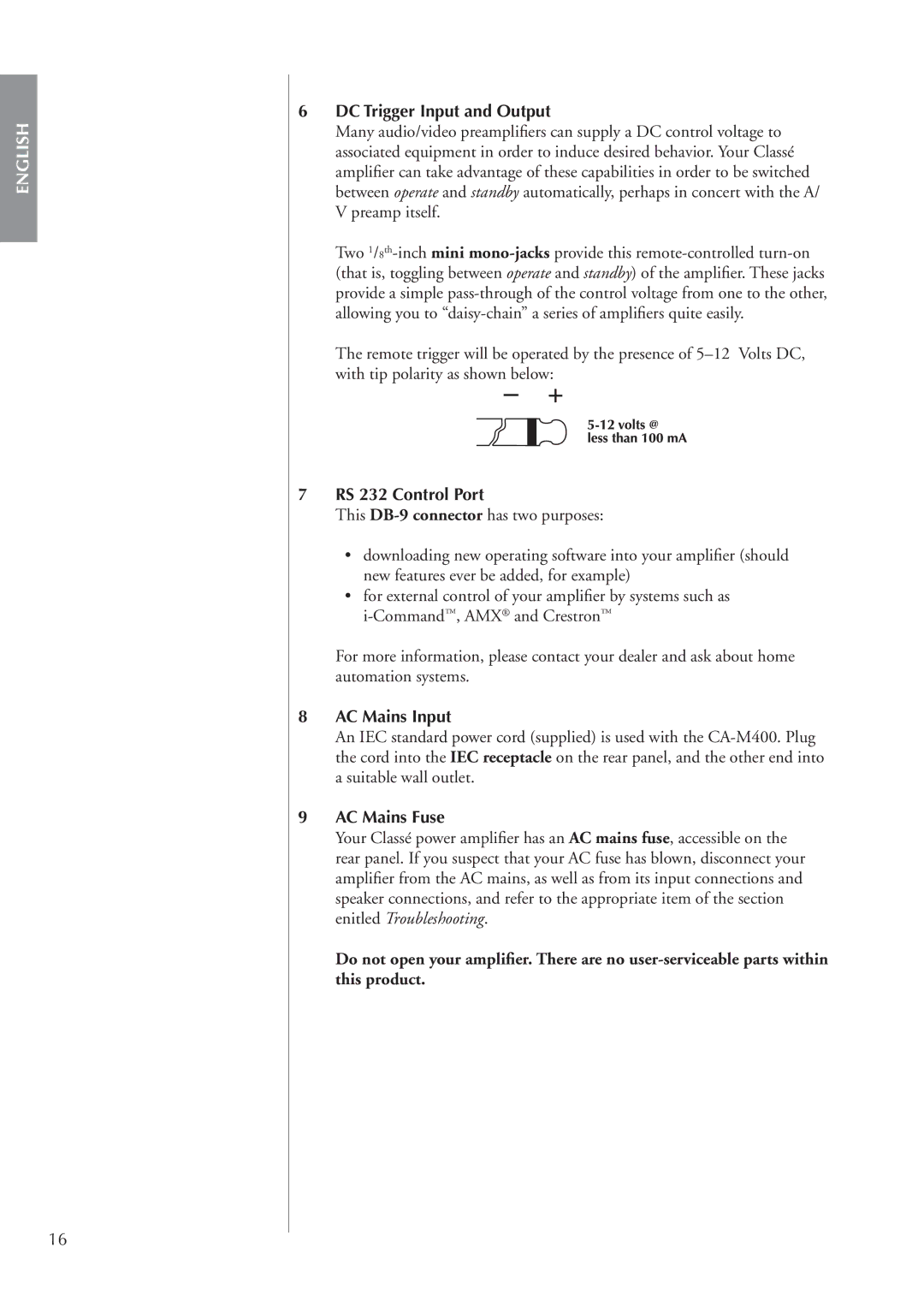 Classe Audio CA-M400 owner manual DC Trigger Input and Output, RS 232 Control Port, AC Mains Input, AC Mains Fuse 