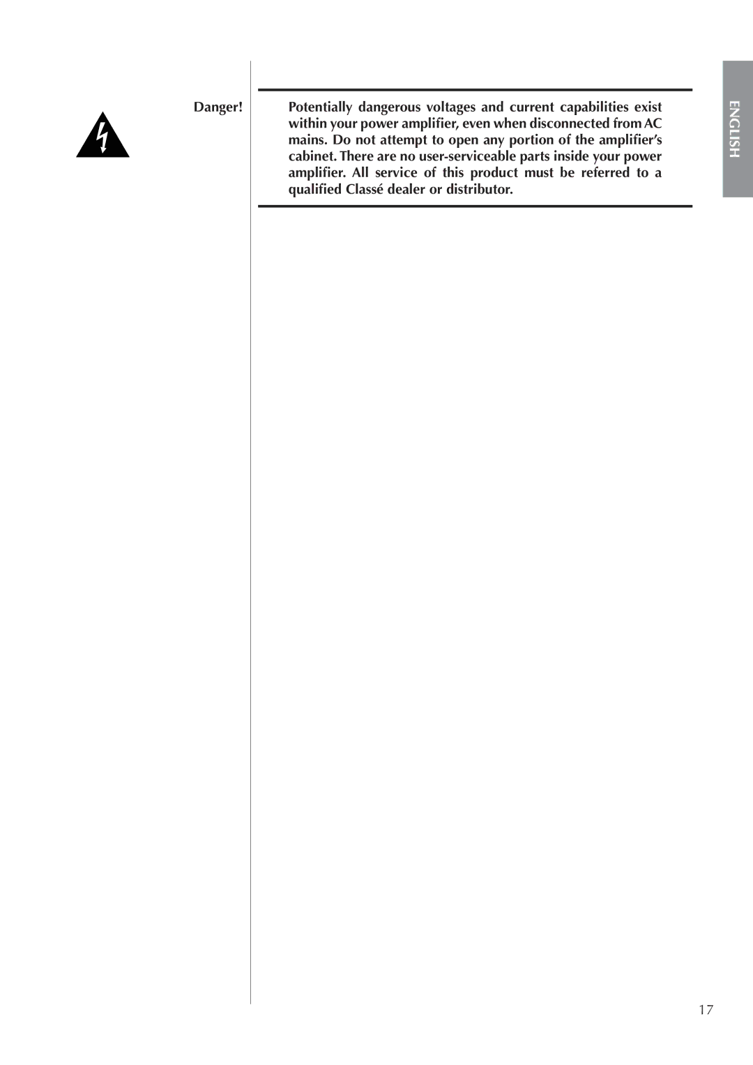 Classe Audio CA-M400 owner manual Mains. Do not attempt to open any portion of the ampliﬁer’s 