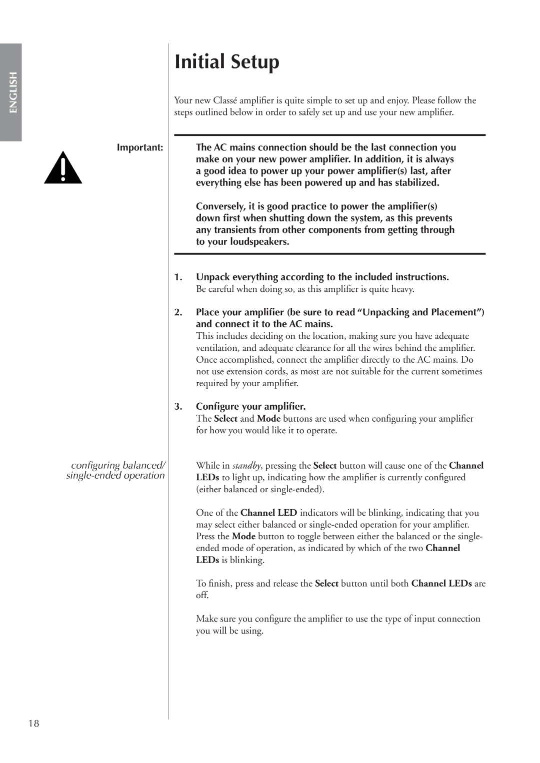 Classe Audio CA-M400 owner manual Initial Setup, Conﬁgure your ampliﬁer 