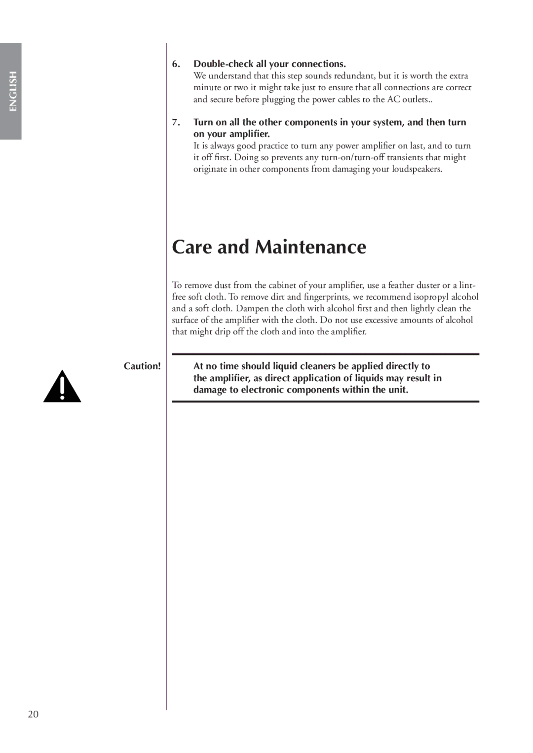 Classe Audio CA-M400 owner manual Care and Maintenance, Double-check all your connections 