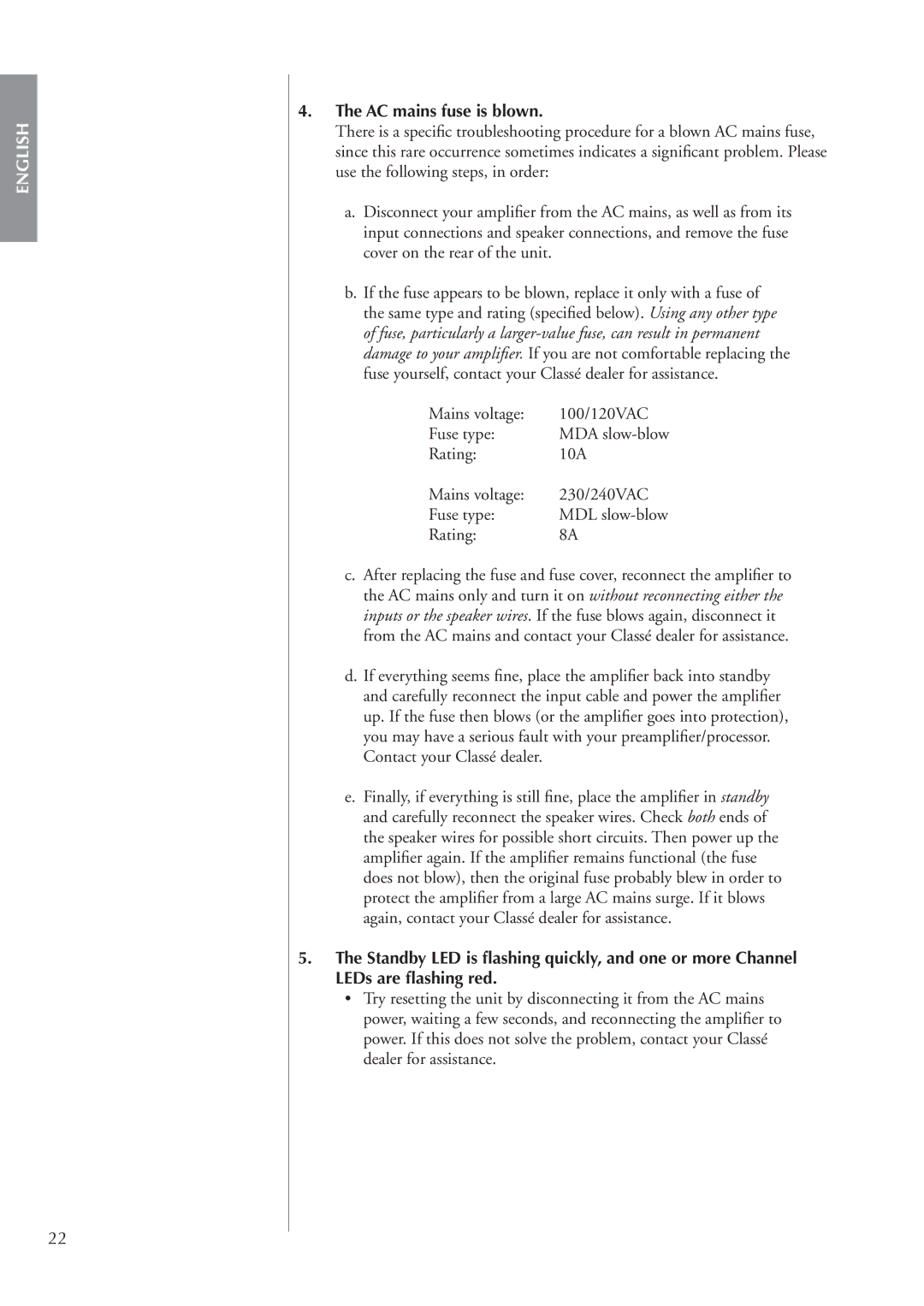 Classe Audio CA-M400 owner manual AC mains fuse is blown 