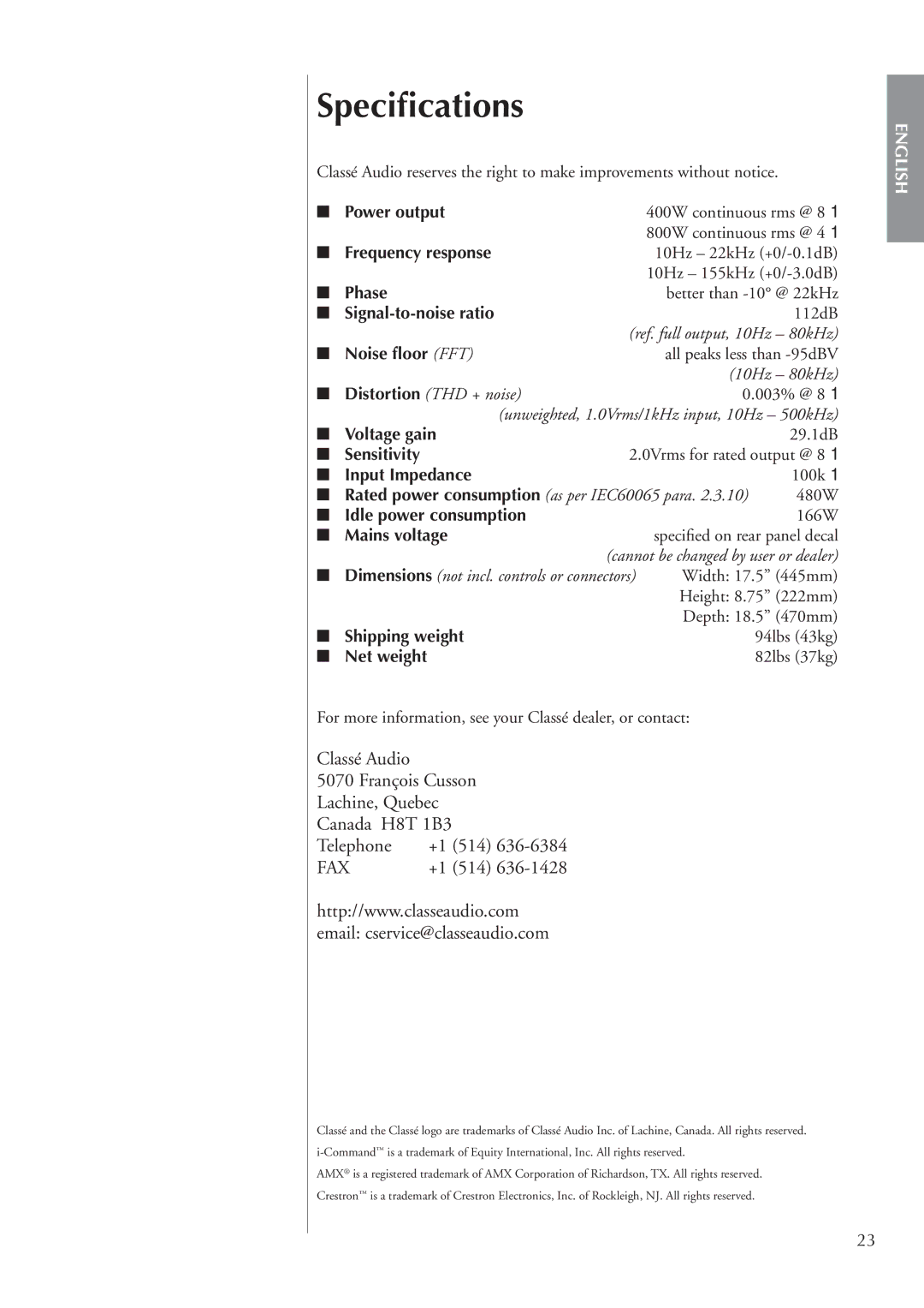 Classe Audio CA-M400 owner manual Speciﬁcations 