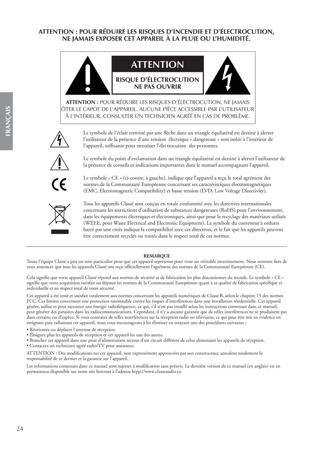 Classe Audio CA-M400 owner manual NE Jamais Exposer CET Appareil À LA Pluie OU L’HUMIDITÉ 