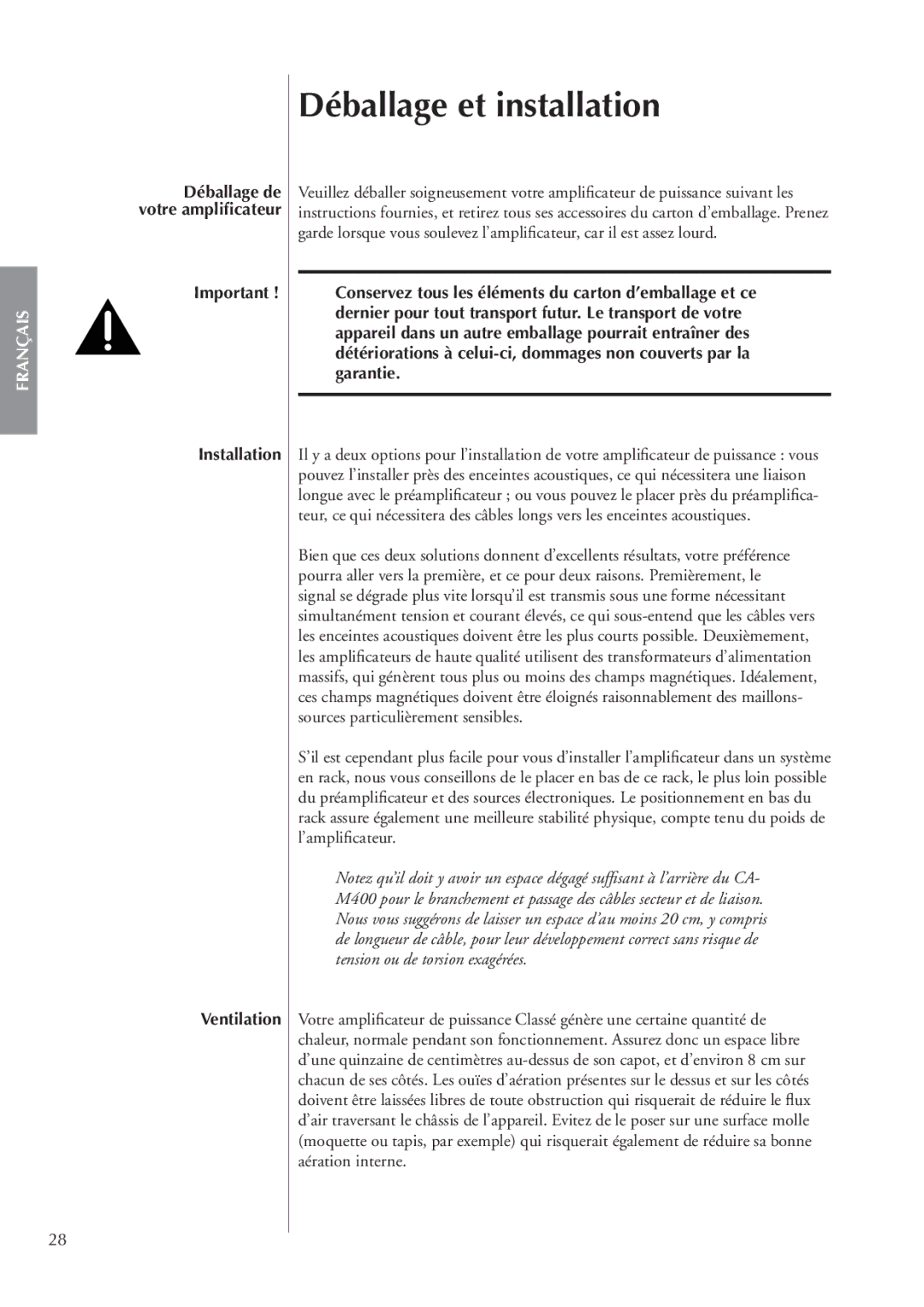 Classe Audio CA-M400 owner manual Déballage et installation, Installation Ventilation 