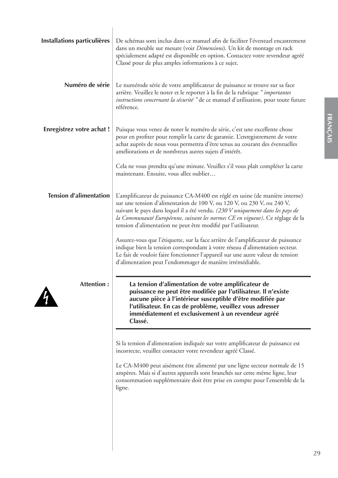 Classe Audio CA-M400 owner manual Numéro de série, Tension d’alimentation 