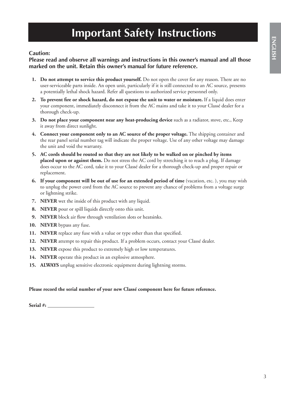 Classe Audio CA-M400 owner manual Important Safety Instructions 