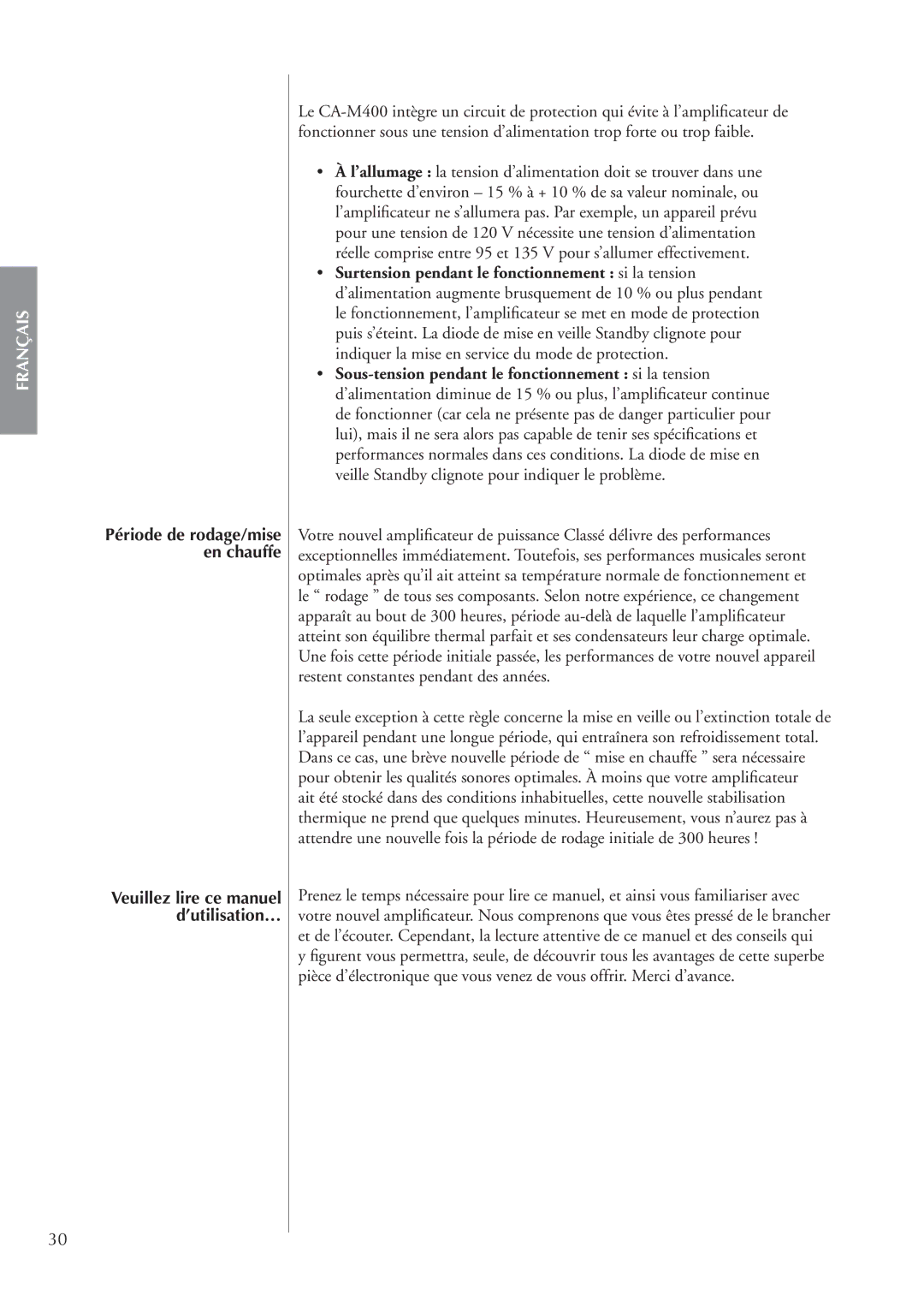 Classe Audio CA-M400 owner manual Français 