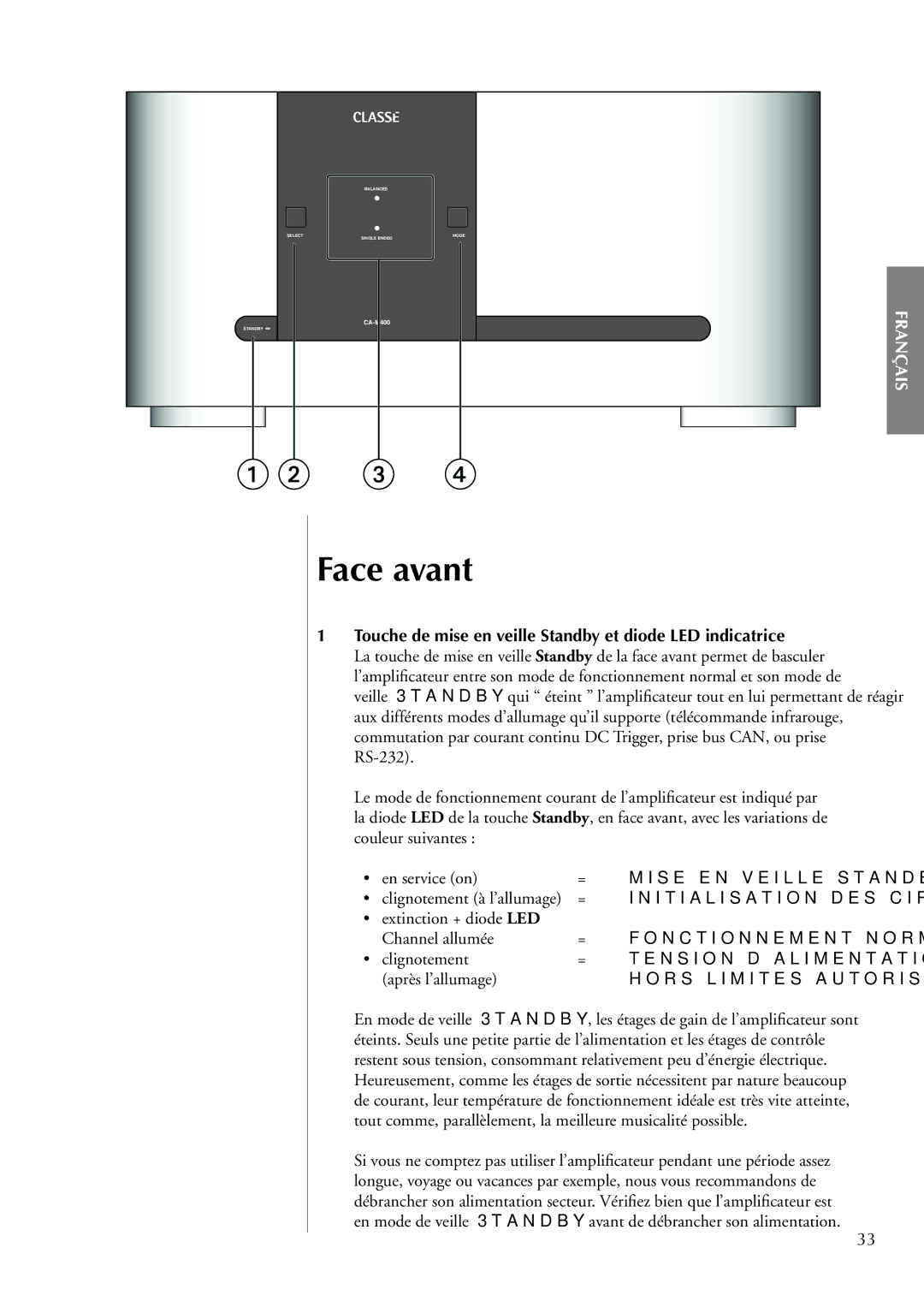 Classe Audio CA-M400 owner manual Face avant, Touche de mise en veille Standby et diode LED indicatrice 