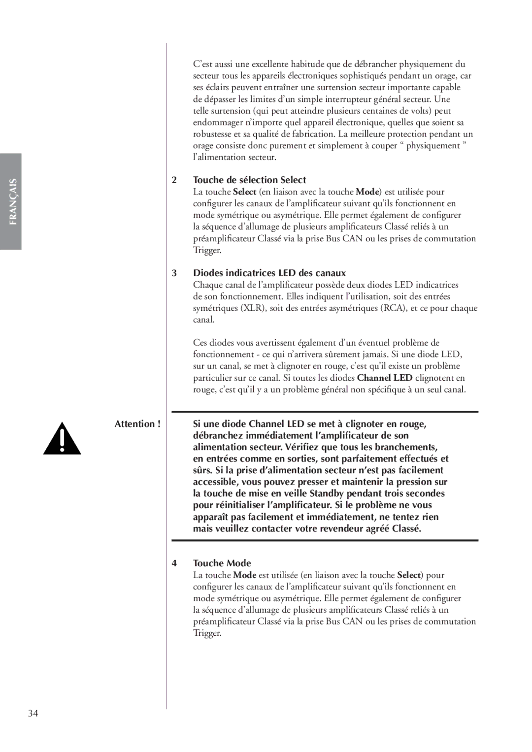 Classe Audio CA-M400 owner manual Touche de sélection Select, Diodes indicatrices LED des canaux, Touche Mode 