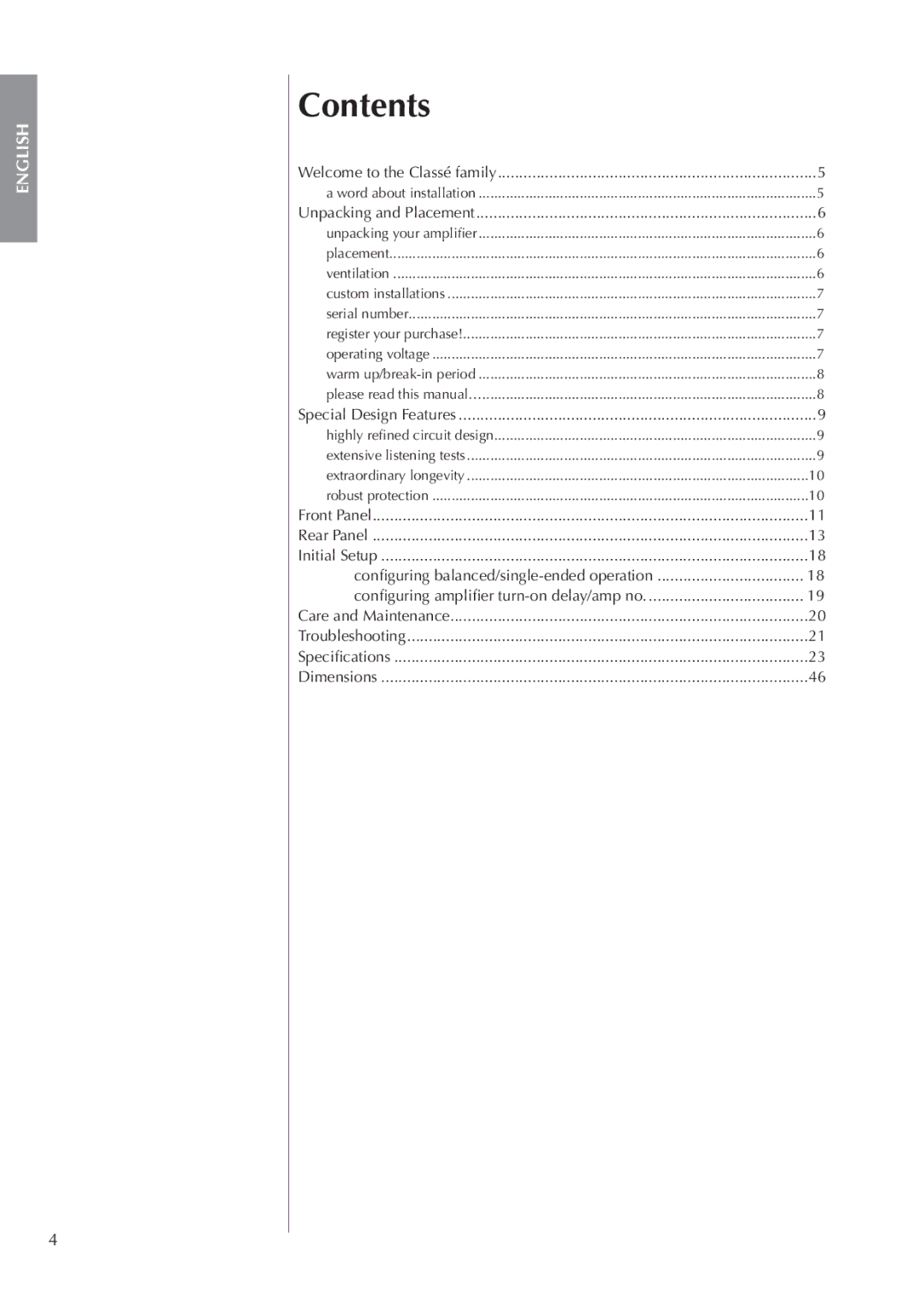 Classe Audio CA-M400 owner manual Contents 