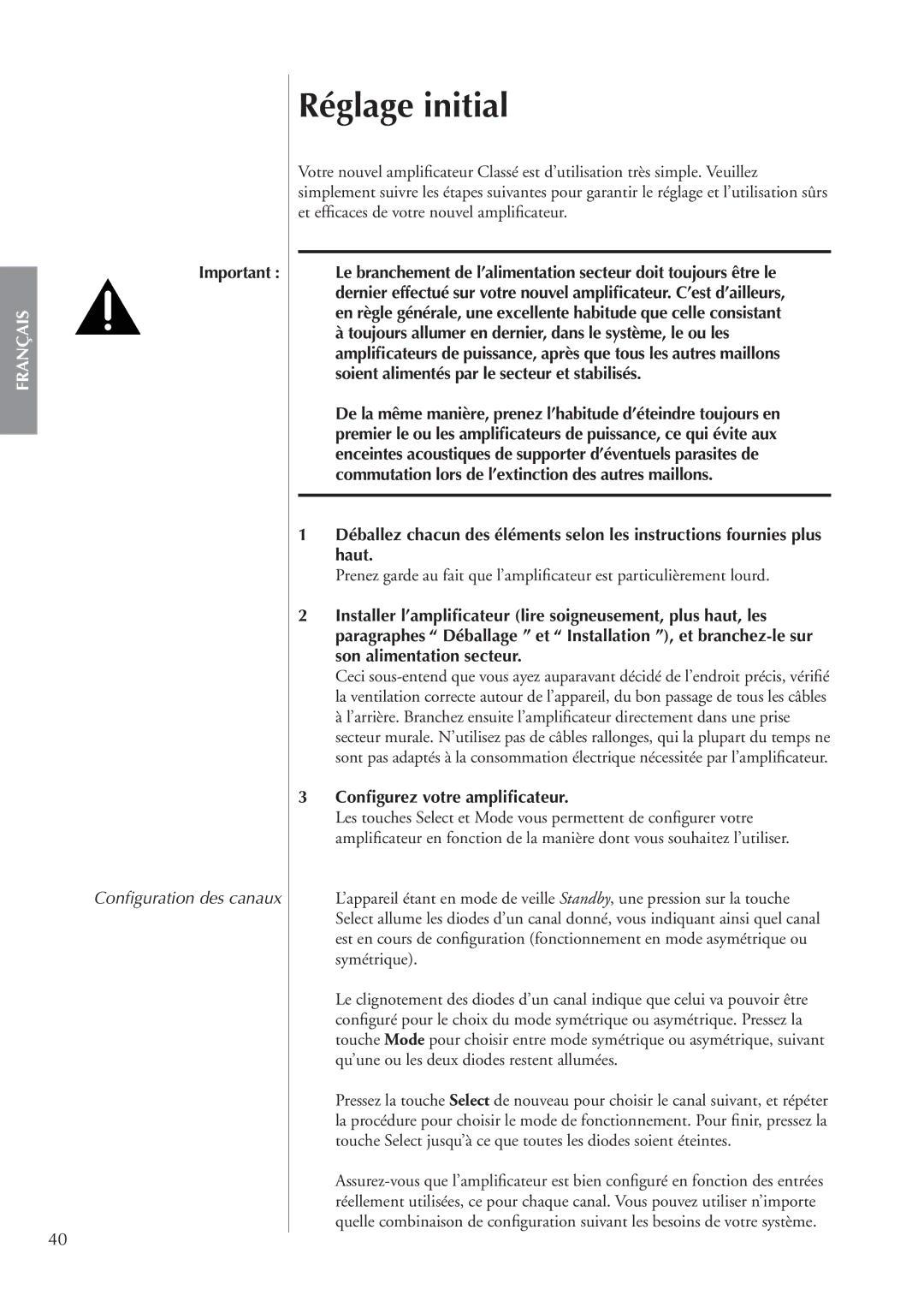 Classe Audio CA-M400 owner manual Réglage initial, Conﬁgurez votre ampliﬁcateur 